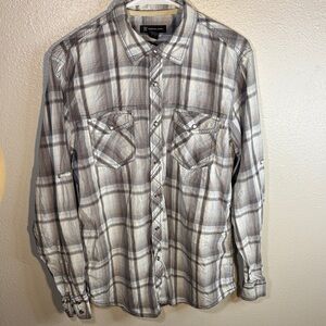 INC International Concepts Gray and Cream Plaid Button-Front Shirt -221sku
